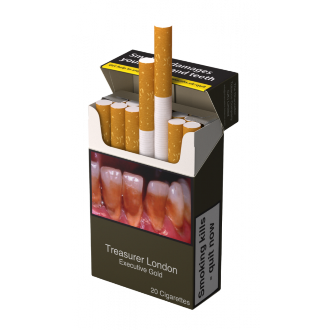 Treasurer London Executive Gold Cigarettes for UK sale with TPD packaging, the most expensive cigarettes in the world. 